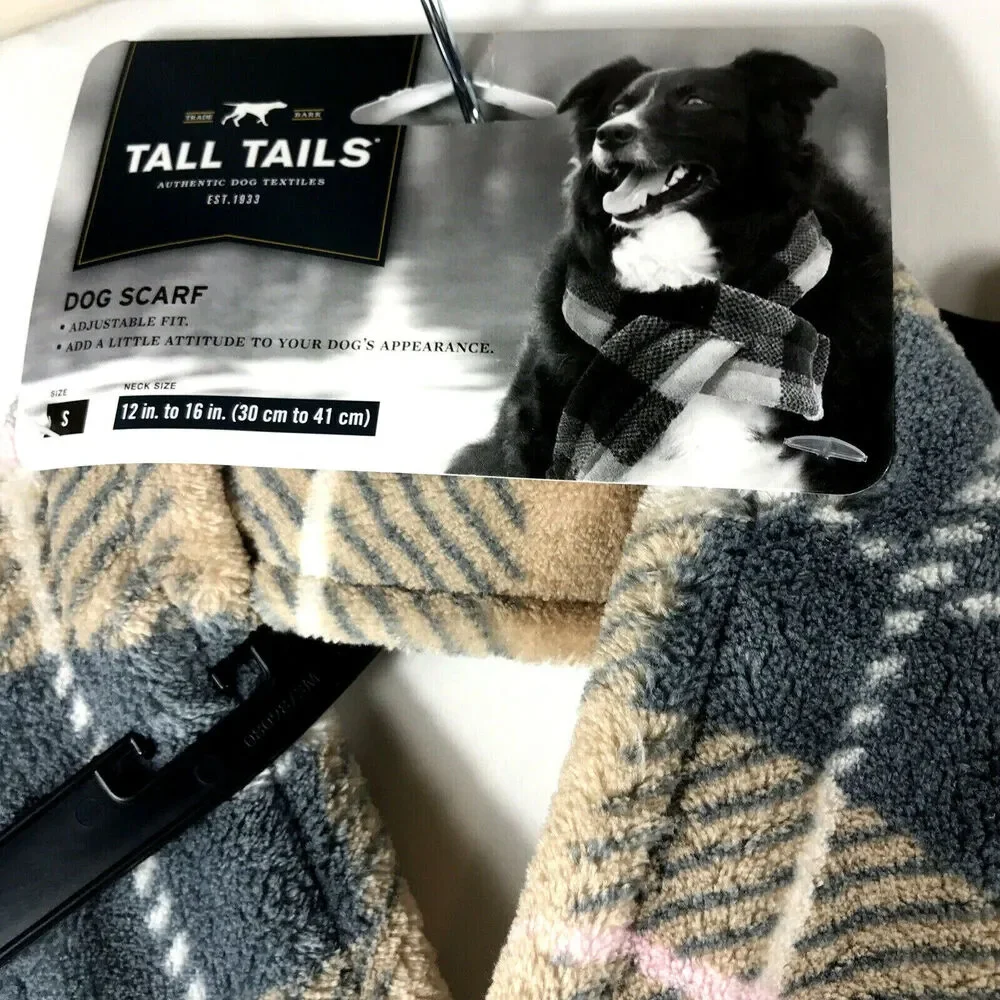 Tall Tails Fleece SCARF And BANDANA SET Tan/Gray PLAID Small 12-16” Winter